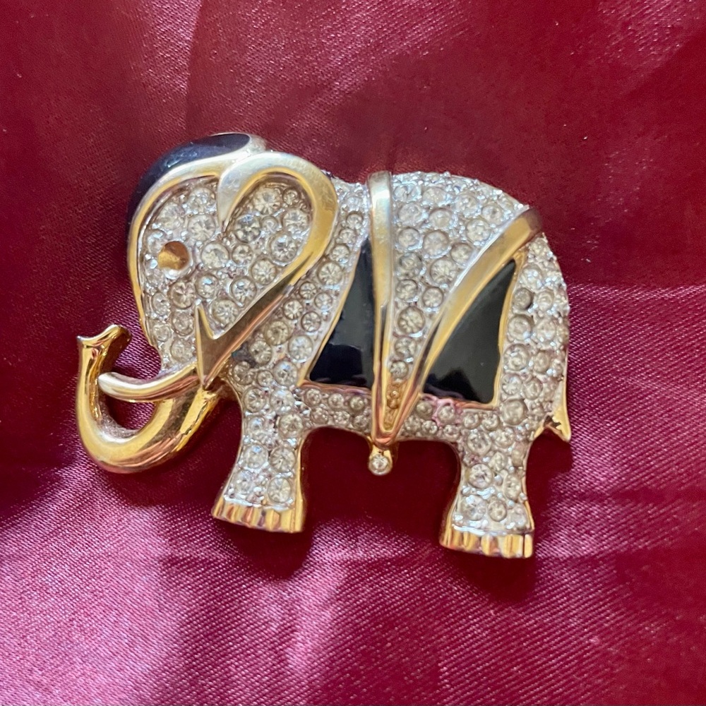 Vintage D’orlan Black Enamel and Rhinestone Elephant Brooch